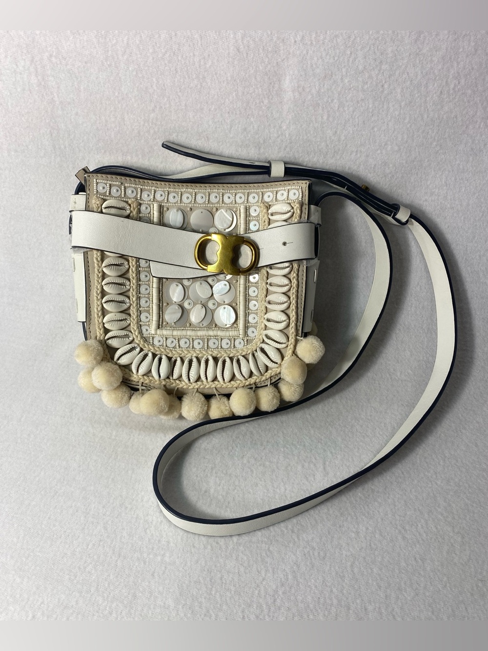 Tory Burch Gemini White Leather Shell Link Pom-Pom Small Cross-Body Bag NWOT